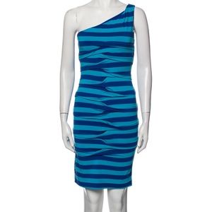 Nicole Miller striped one shoulder ruched sheath dress